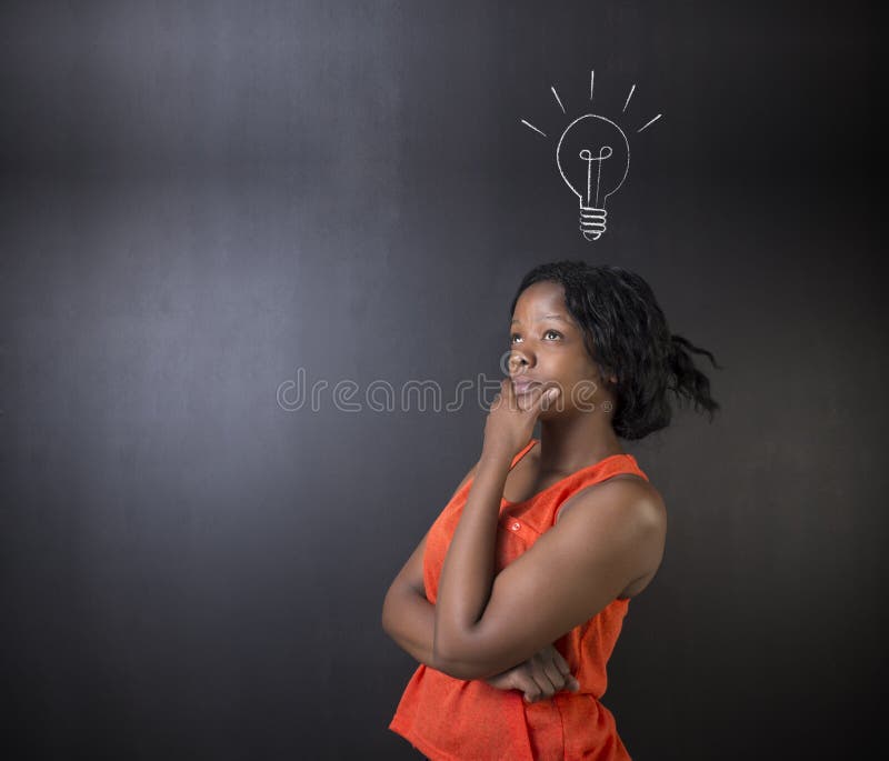 Bright idea lightbulb thinking South African or African American woman teacher or student