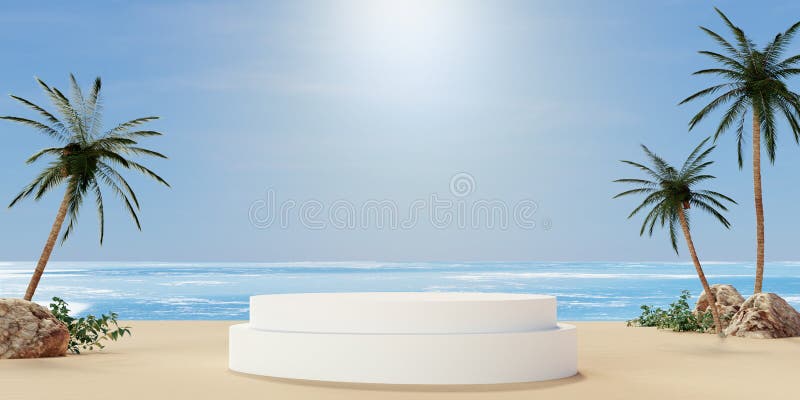 Bright beach display with circular design under sunny skies, 3D render illustration. royalty free illustration