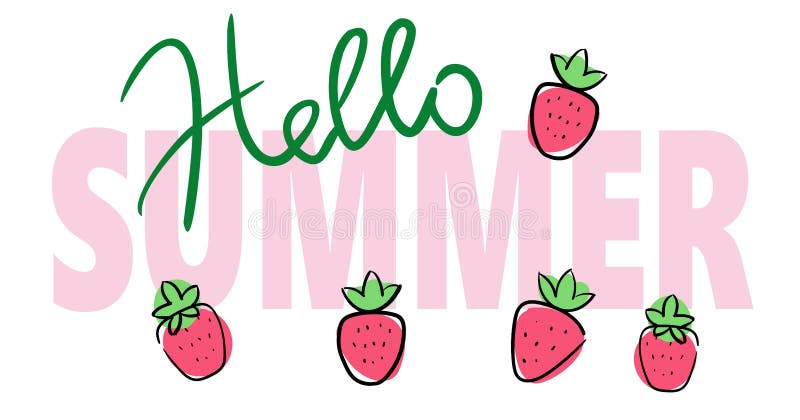 Bright juicy pink sign Hello summer with strawberries on light pastel background Simple vector illustration