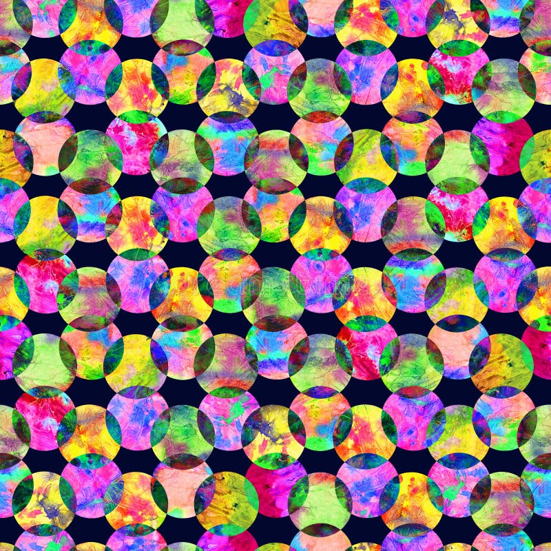 Bright kaleidoscope, montage polka dot abstract grunge colorful splashes texture watercolor seamless pattern in yellow royalty free stock images