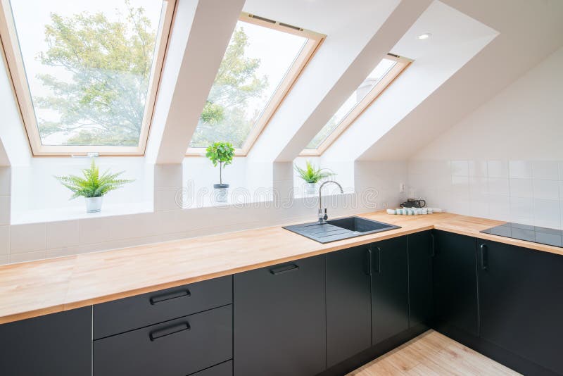 Bright Kitchen with Slanted Ceiling. Stock Image Image of design