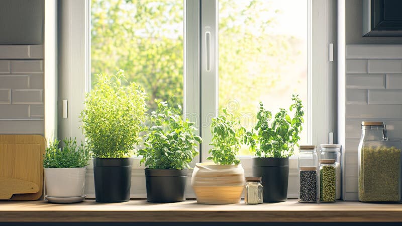 Bright kitchen window with indoor herb garden.. royalty free stock images