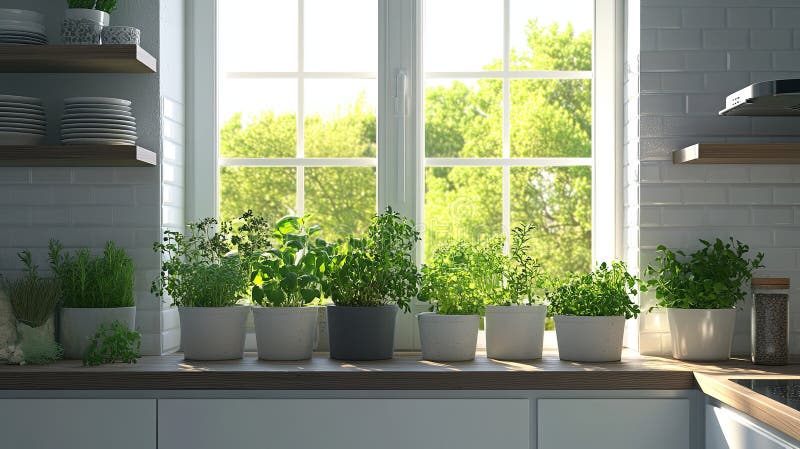 Bright kitchen window with indoor herb garden.. royalty free stock images