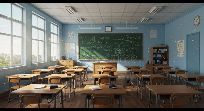 Bright klassrum med trädeskablar och trästolar ordnade på långa rader. En grön vektor illustrationer