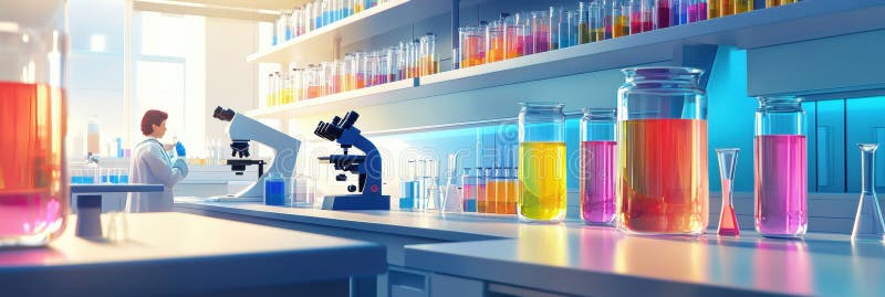 Laboratory setting with multiple microscopes and colorful test tubes used for scientific research and experimentation royalty free stock image