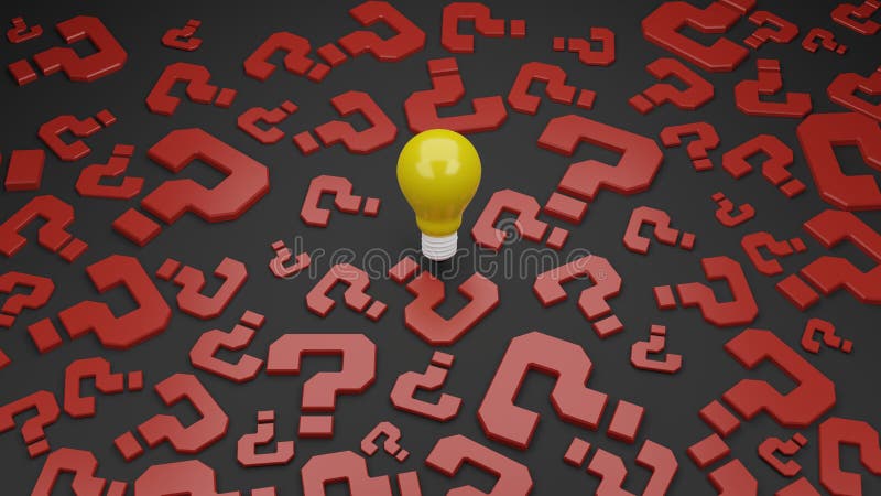 Bright Light Bulb With Question Marks Concept Of Idea 3d Rendering Stock Illustration