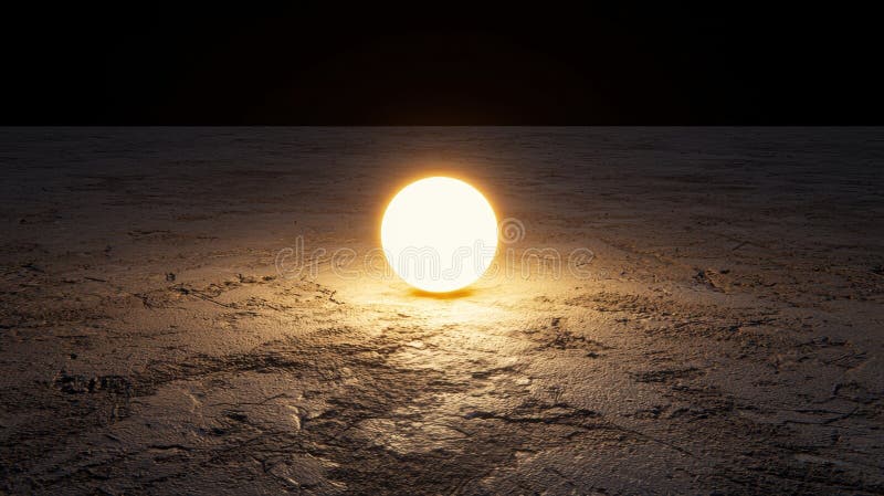 The image presents a surreal scene of a large, bright, white orb-like object positioned centrally on a dark, textured surface. The orb is illuminated from within, casting a warm glow that contrasts with the surrounding darkness. The surface appears to be a rocky or sandy terrain, with a subtle texture that adds depth to the image. The overall composition of the image is striking, with the orb as the focal point and the dark background serving to emphasize its luminosity. Like rocky terrain stock images, royalty-free photos and pictures