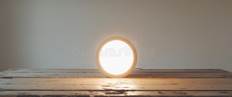 A bright light on a wooden table in a tight shot stock photography