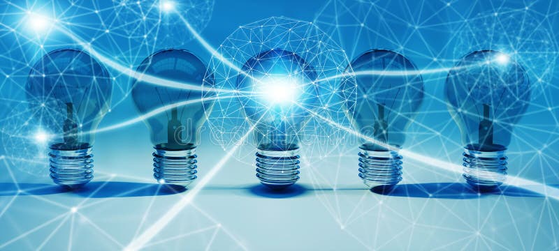 Bright lightbulbs and connections lined up 3D rendering royalty free illustration Bright lightbulbs and connections lined up 3D rendering royalty free illustration