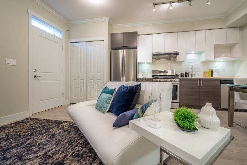 Bright Living Room with Sofa and Kitchen in the Background Stock Photo