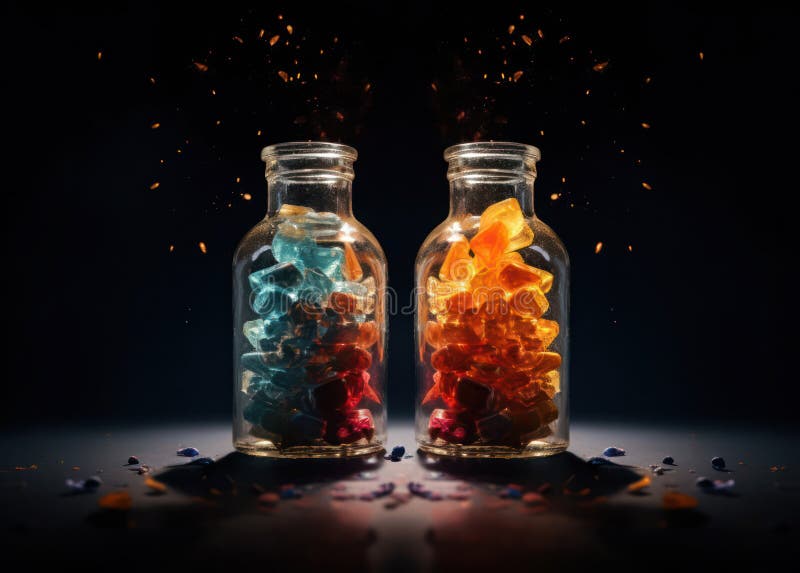 Bright luminous pills in a transparent container. power engineer. royalty free illustration