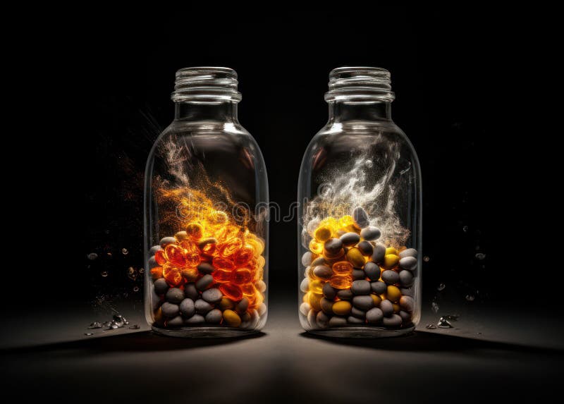 Bright luminous pills in a transparent container. power engineer. vector illustration