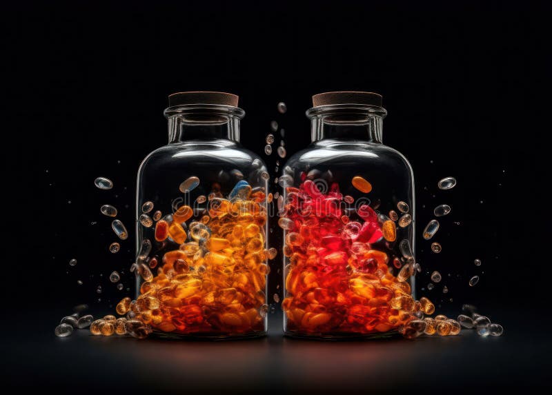 Bright luminous pills in a transparent container. power engineer. stock illustration