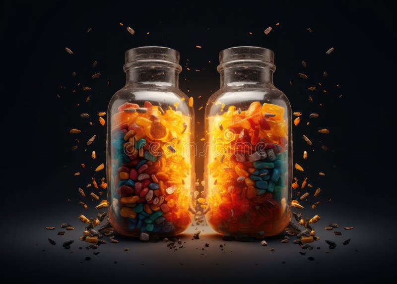 Bright luminous pills in a transparent container. power engineer. vector illustration