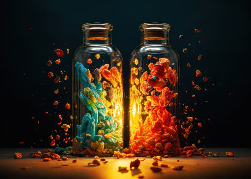 Bright luminous pills in a transparent container. power engineer. stock illustration