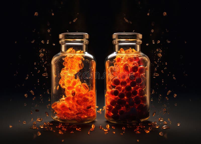 Bright luminous pills in a transparent container. power engineer. stock illustration