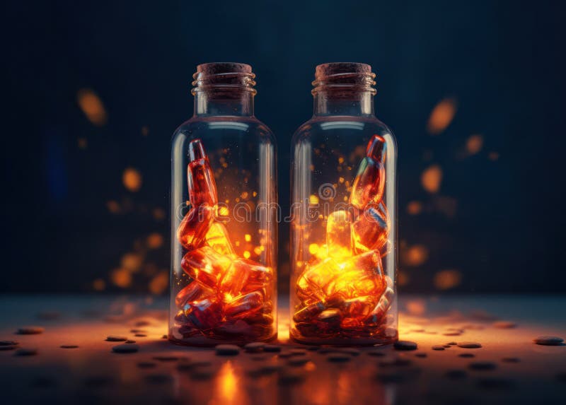 Bright luminous pills in a transparent container. power engineer. stock illustration