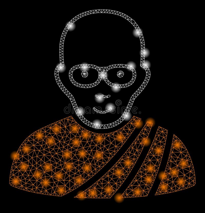 Bright Mesh Carcass Buddhist Monk with Light Spots. Bright mesh buddhist monk with glare effect. Abstract illuminated model of buddhist monk icon. Shiny wire frame triangular mesh buddhist monk abstraction in vector format on a black background.