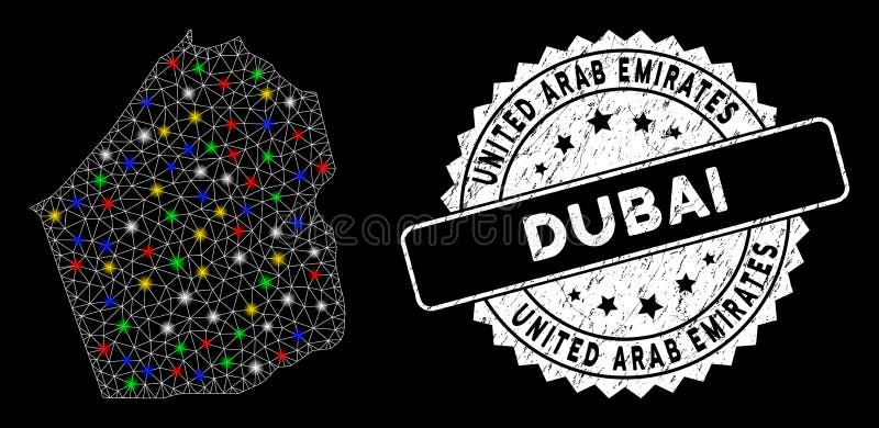 Bright Mesh Wire Frame Dubai Emirate Map with Light Spots and Grungy Watermark stock illustration