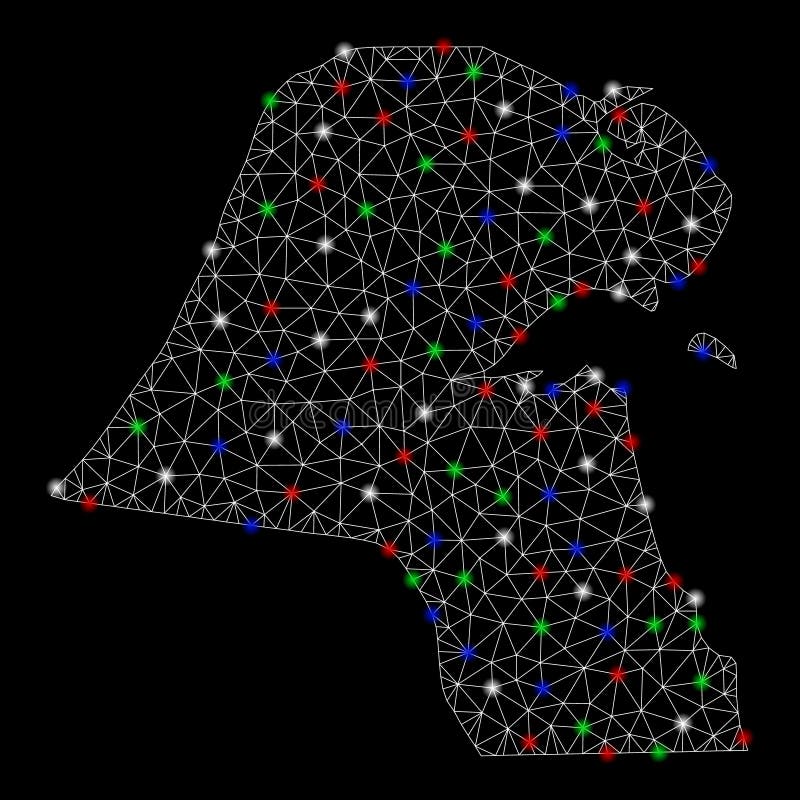 Bright Mesh Carcass Kuwait Map with Flare Spots stock illustration