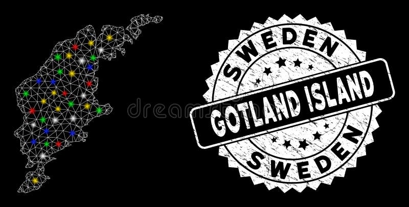 Bright Mesh Network Gotland Island Map with Flare Spots and Scratched Stamp stock illustration