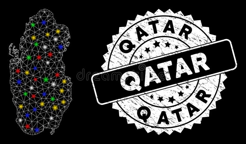 Bright Mesh Network Qatar Map with Flash Spots and Rubber Seal stock illustration
