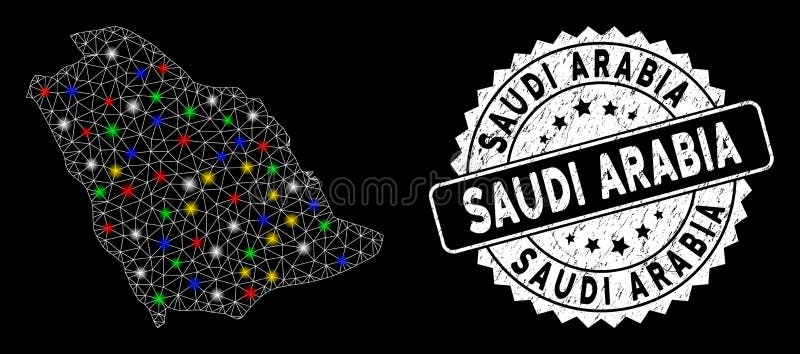 Bright Mesh Network Saudi Arabia Map with Light Spots and Scratched Watermark vector illustration