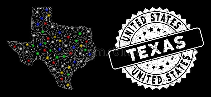 Bright Mesh Network Texas Map with Flash Spots and Grunge Stamp stock illustration
