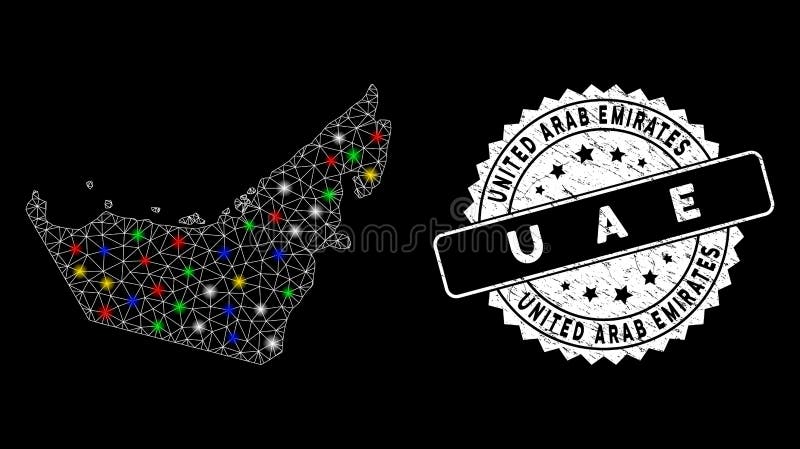 Bright Mesh 2D United Arab Emirates Map with Flash Spots and Rubber Stamp vector illustration