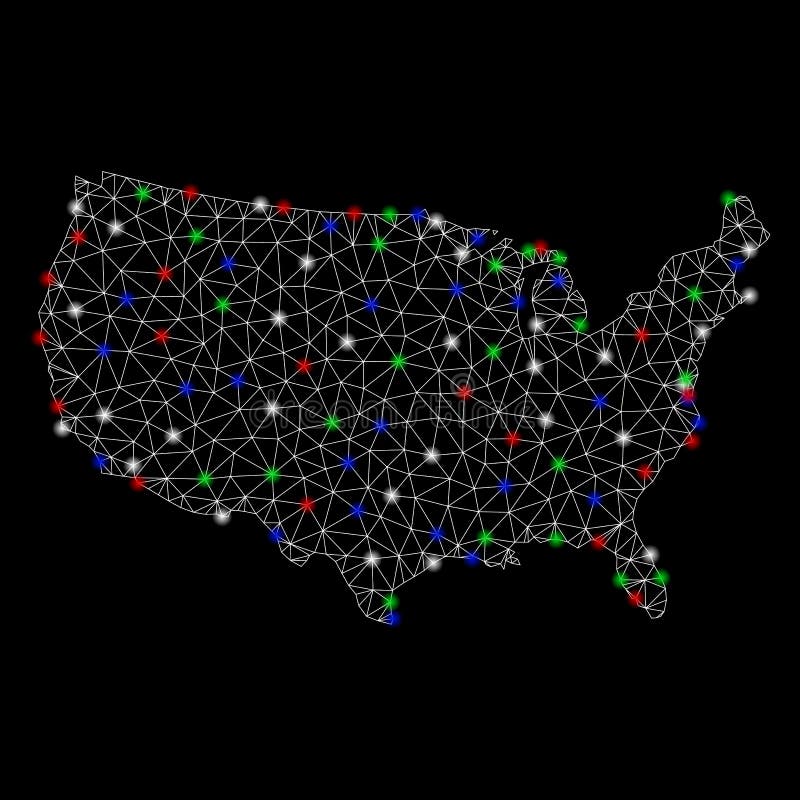 Bright Mesh Wire Frame USA Map with Flash Spots vector illustration
