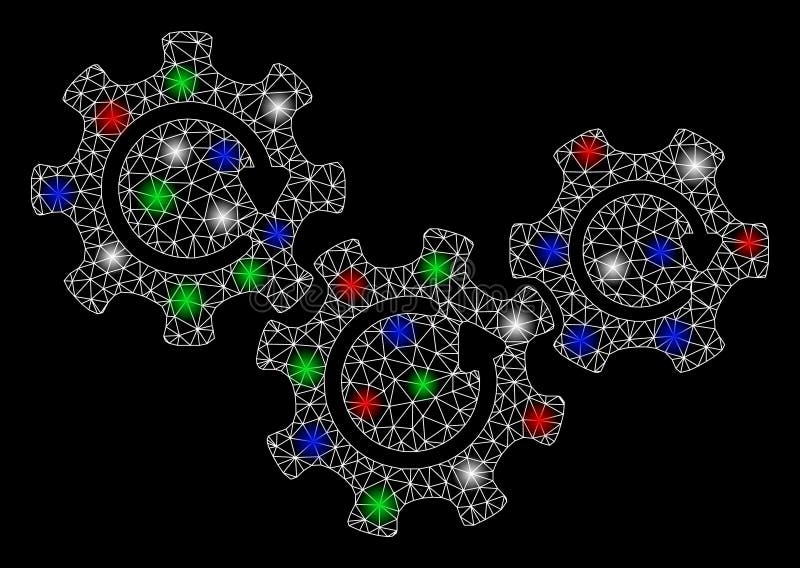 Bright Mesh Wire Frame Transmission Gears Rotation with Flare Spots vector illustration