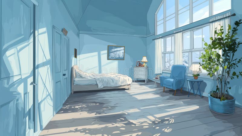 Bright Minimalist Blue Bedroom with Natural Light vector illustration