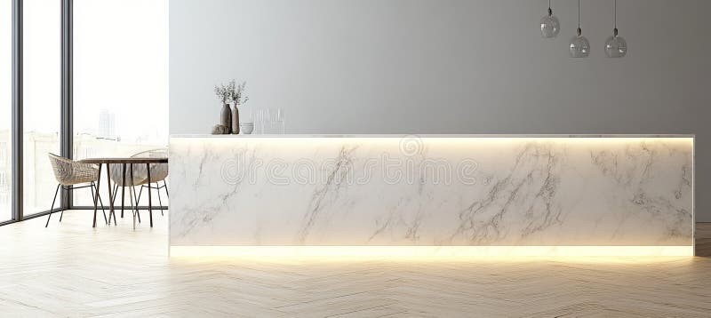 Bright, Minimalist Kitchen with white countertop, Light wood floor, large window. 3D rendering. vector illustration