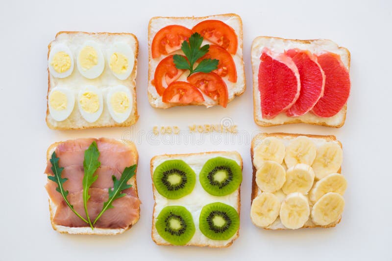 Bright Mix Sandwiches for Breakfast Fruit, Vegetables, Fish Stock Photo Image of breakfast