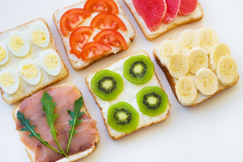 Bright Mix Sandwiches for Breakfast Fruit, Vegetables, Fish Stock Image Image of breakfast