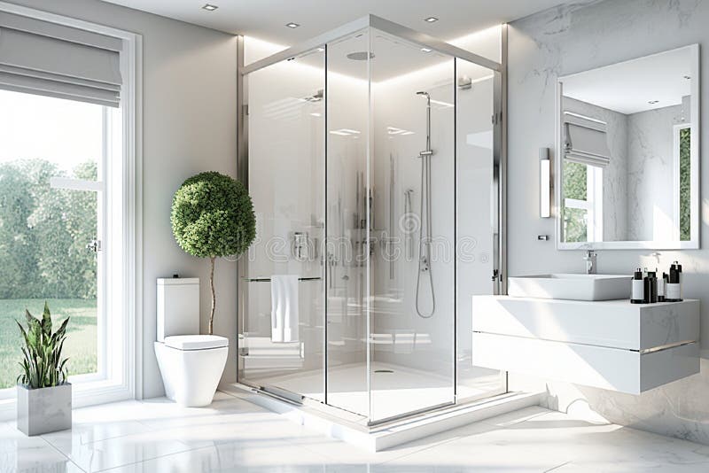 A Bright Modern Bathroom with a Large Shower and a Large Mirror, 3D