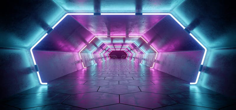 Bright Modern Futuristic Alien Reflective Concrete Corridor Tunnel Empty Room With Purple And Blue Neon Glowing Lights Hexagon Fl