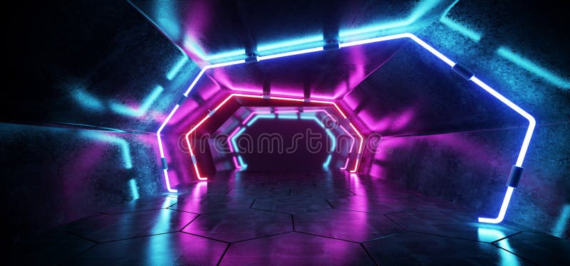 Bright Modern Futuristic Alien Reflective Concrete Corridor Tunnel Empty Room With Purple And Blue Neon Glowing Lights Hexagon Fl