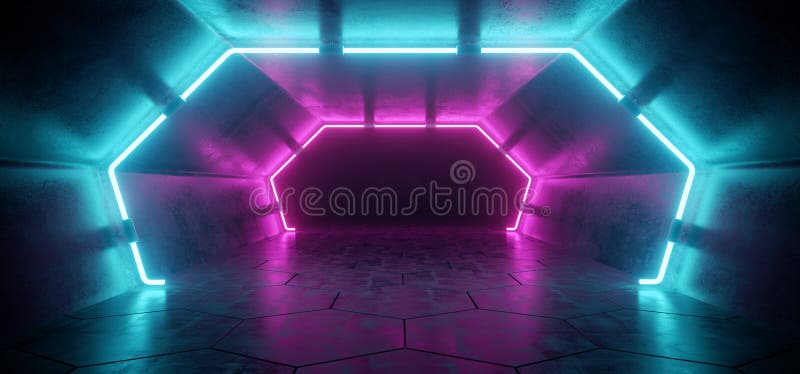 Bright Modern Futuristic Alien Reflective Concrete Corridor Tunnel Empty Room With Purple And Blue Neon Glowing Lights Hexagon Fl