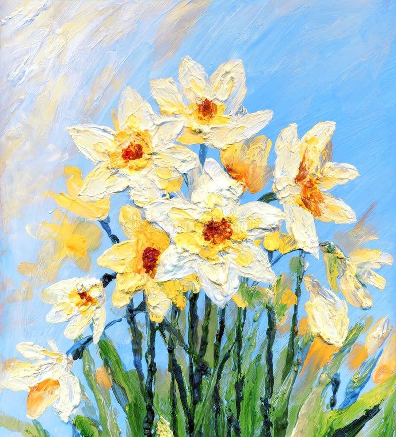 Oil Painting. Yellow Daffodils in the Garden Stock Illustration ...