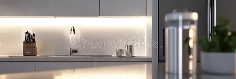 Modern kitchen design featuring a sleek water filter and elegant lighting. Generative AI stock image