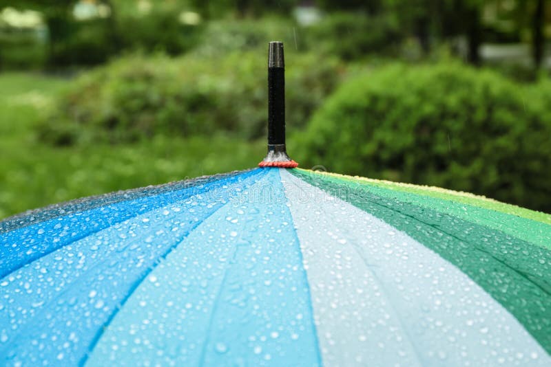 Bright modern umbrella under rain in green park, royalty free stock photo Bright modern umbrella under rain in green park, royalty free stock photo