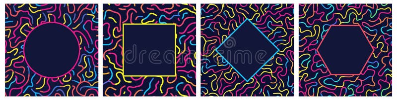 Bright multi color squiggle line square pattern set. Dark solid background. Abstract stroke wavy colourful stripes stock illustration
