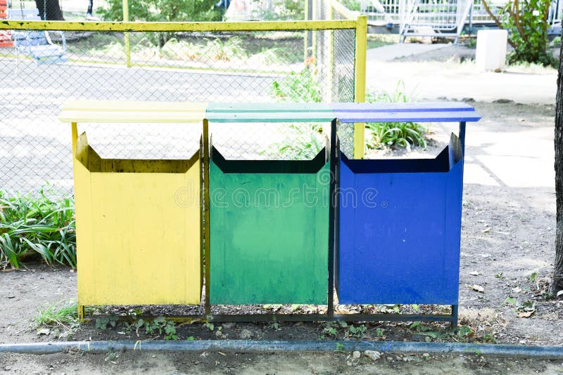 Bright Multicolored Rubbish Bins. Separate Waste Bins Stock Image