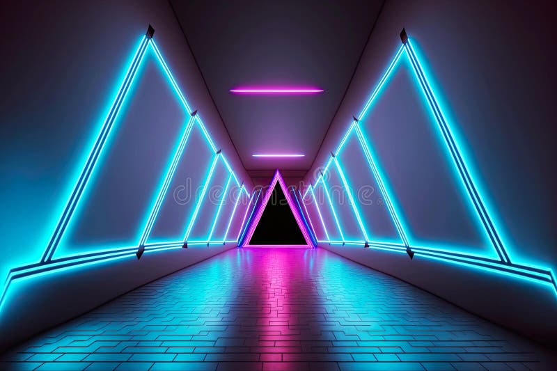 Bright Multicolor Triangular 3D Render Neon Tunnel with Illumination ...