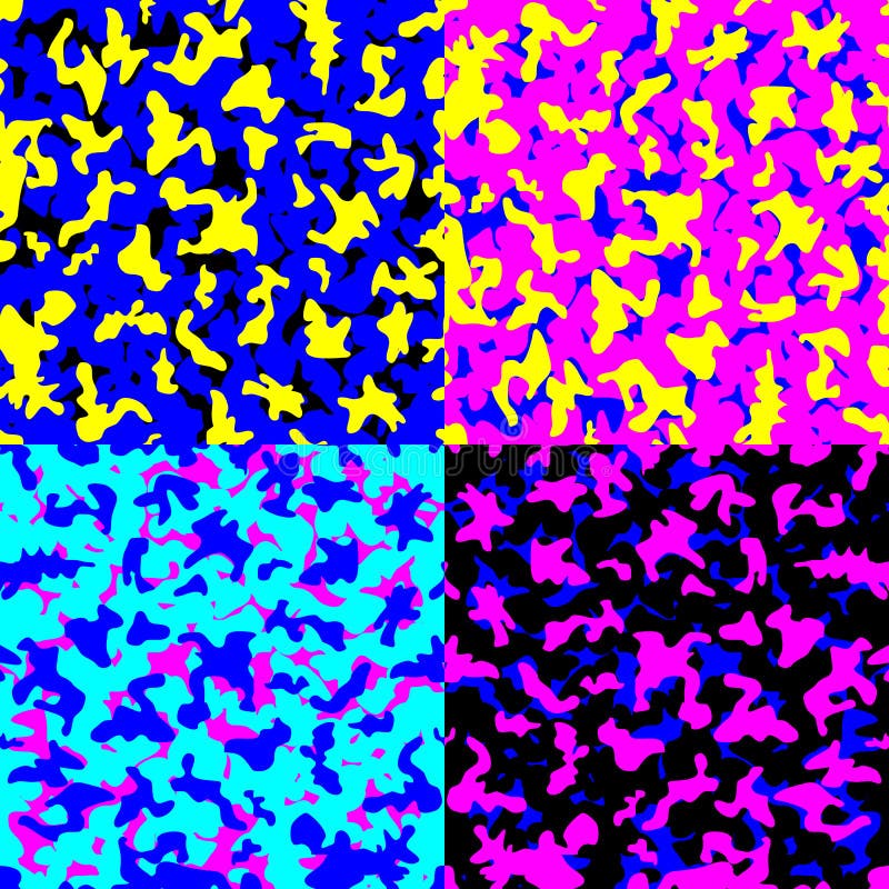 Bright neon color camouflage seamless patterns stock illustration