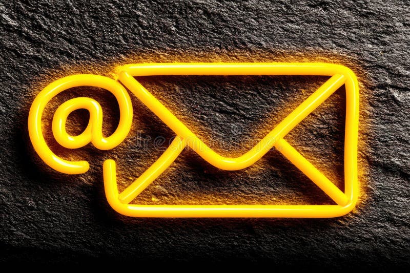 Bright neon email icon with envelope and at symbol on textured surface stock photos