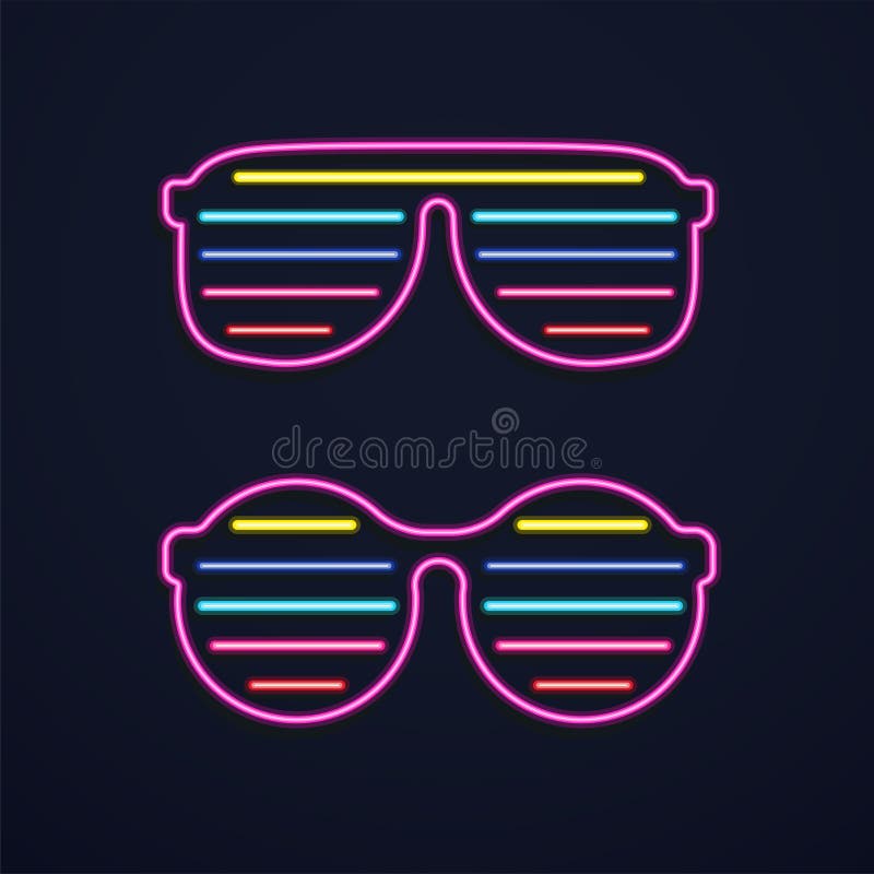 Bright neon glasses. Sunglasses or club glasses with light on dark background