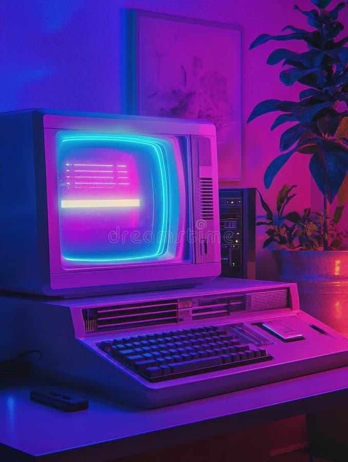 Nostalgic retro-futuristic workspace featuring a vintage computer with neon purple and blue lighting in an 80s tech royalty free stock images