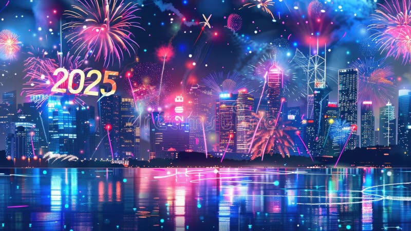 Bright New Year 2025 card with large, glittering 2025 letters and a dynamic city fireworks display. 2025 holidays card royalty free stock images